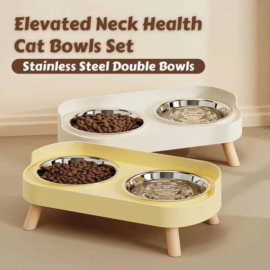 Dual Stainless Steel Bowls with Neck Support
